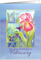 Happy February Birthday Pink Iris Watercolor Flower card
