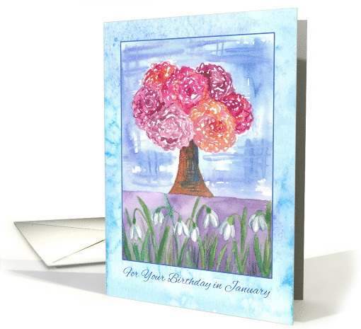 Happy January Birthday Carnations Snowdrops card (552216)