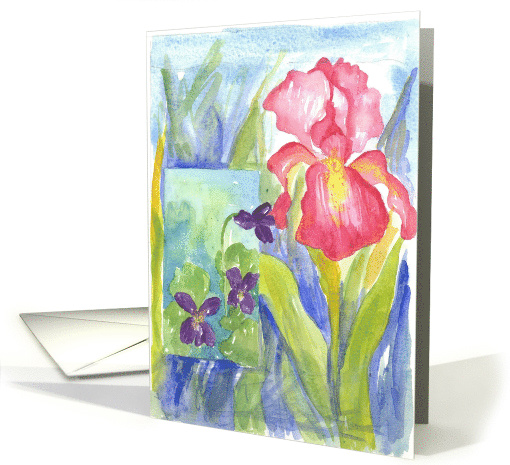 Pink Iris Purple Violets Watercolor Flowers Blank card (580734)