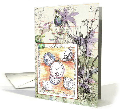 Antique Pocket Watch Flower Collage Note card (584062)