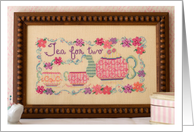 Tea For Two Flowers Cross Stitch Pink Plaid Teapot Blank card