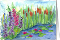 Larkspur Cattails Waterlily Pond Watercolor Blank card