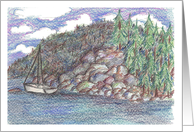 Sailboat Mountain Trees Landscape Drawing Blank card