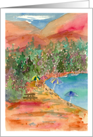 Lake Tahoe Beach Umbrellas Watercolor Mountains card