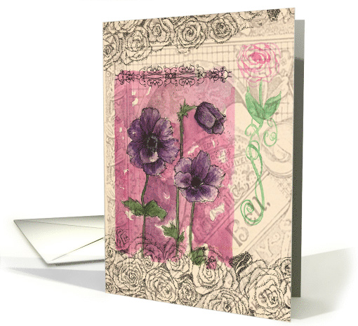 Purple Anemone Rose Flowers Collage Blank card (607799)