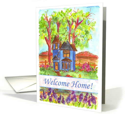 Welcome Home Blue Victorian Cottage House Landscape Art card (638995)