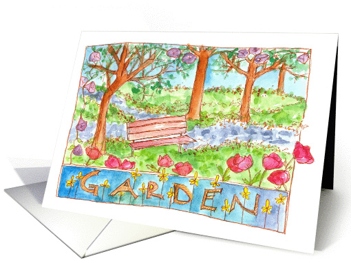 Red Poppy Flowers Park Bench Landscape Blank Note card (654345)