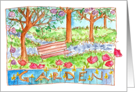 Red Poppy Flowers Park Bench Landscape Blank Note Card