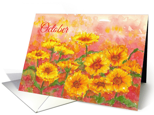 Happy Birthday October Marigold Watercolor Flowers card (684122)