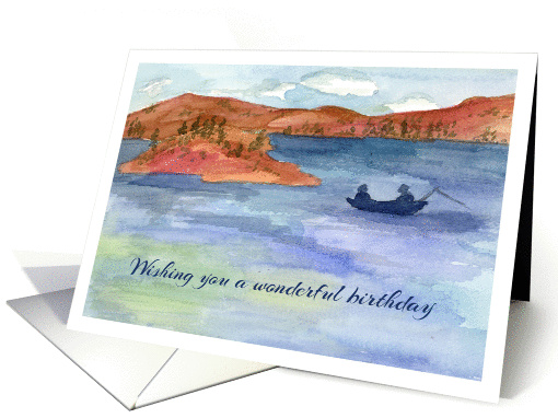Happy Birthday Fishing Boat Mountain Lake Watercolor Painting card