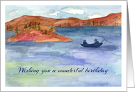Happy Birthday Fishing Boat Mountain Lake Watercolor Painting card