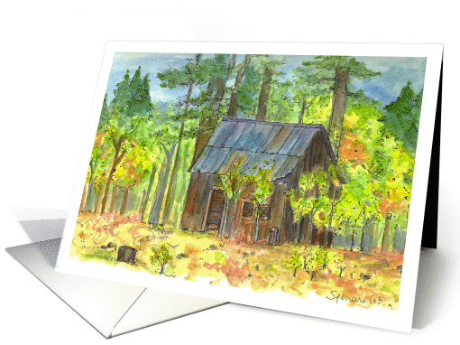 Happy Birthday Friend Forest Cabin Autumn Trees Watercolor card