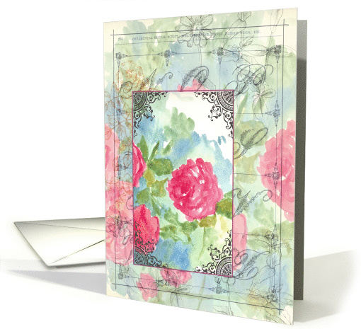 Pink English Roses Watercolor Collage Blank card (708788)
