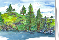 Mountain Lake Evergreen Trees Watercolor Blank card