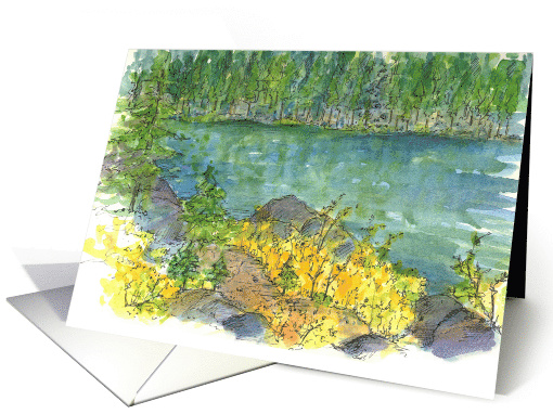 Autumn Trees Landscape Mountain Lake Watercolor Blank card (722284)