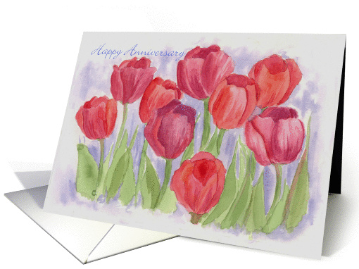 Happy Anniversary Red Tulips Watercolor Flower Garden card (72435)