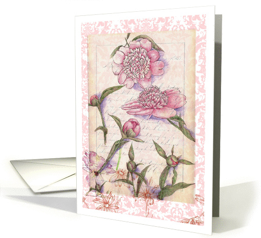 Pink Peony Flower Drawing Collage Blank card (738804)