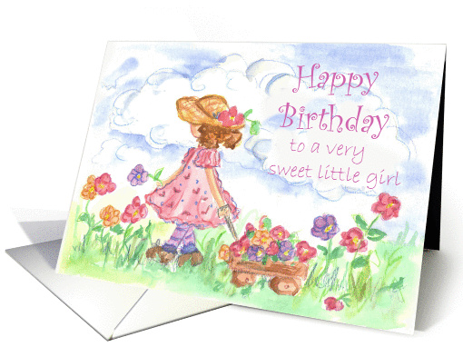 Happy Birthday Sweet Little Girl Flower Wagon Watercolor card (74851)