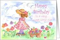 Happy Birthday Sweet Little Girl Flower Wagon Watercolor card