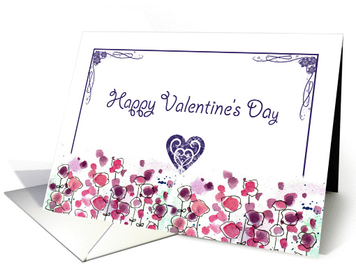 Happy Valentine's Day Purple Heart Pink Flower Meadow card (74861)