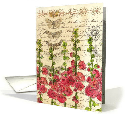Red Hollyhock Flowers Butterfly Collage Blank card (756175)