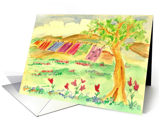 Country Flower Meadow Linens Clothesline Watercolor Notecard card