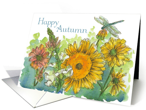 Happy Autumn Sunflowers Snapdragons Dragonfly card (774724)