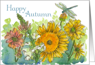 Happy Autumn Sunflowers Snapdragons Dragonfly card