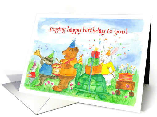 Happy Birthday To You Animal Parade Watercolor Illustration card