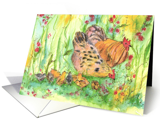 Chicken Family Spring Flower Garden Blank card (800021)