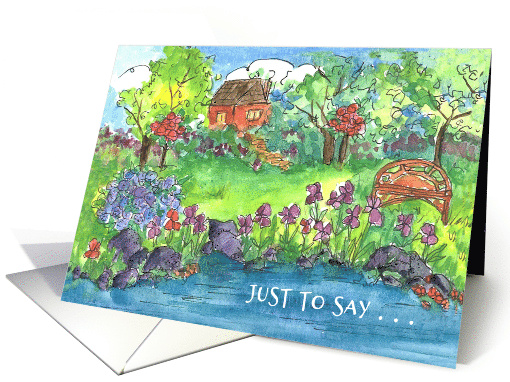 Iris Cottage Pond Just to Say Watercolor Flowers Blank card (824161)