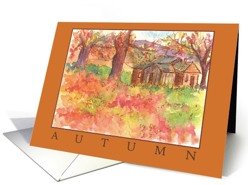 Autumn Season Barn Trees Landscape Watercolor Blank card (824593)