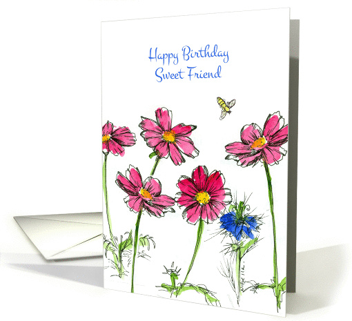 Happy Birthday Sweet Friend Pink Cosmos Flowers Honey Bee card