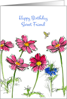 Happy Birthday Sweet Friend Pink Cosmos Flowers Honey Bee card
