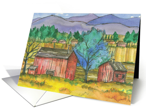 Red Barns Farm Fields Mountain Landscape Blank card (826456)
