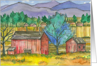 Red Barns Farm Fields Mountain Landscape Blank card