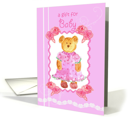 Baby Shower Girl Pink Roses Lace Teddy Bear card (827637)