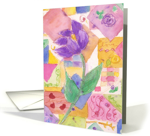 Purple Tulip Patchwork Quilt Watercolor Flowers Blank card (828602)