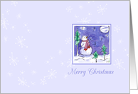 Merry Christmas Snowman Watercolor Illustration White Snowflakes card