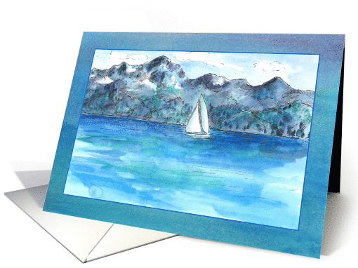 Sailing Blue Watercolor Mountains Blank card (832519)
