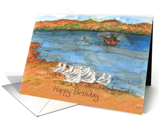 Happy Birthday Lake Fishing Birds Water Mountains card (832523)