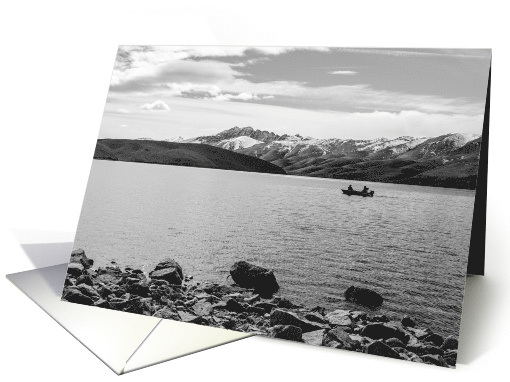 Lake Fishing Boat Snow Capped Moutains card (832525)