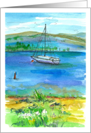 Sailboat Mountain Lake Watercolor Painting Blank card