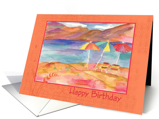Happy Birthday Beach Umbrellas Blue Water Mountains card (832557)