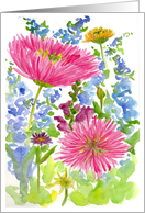 Pink Dahlia Watercolor Flower Bouquet Blank card