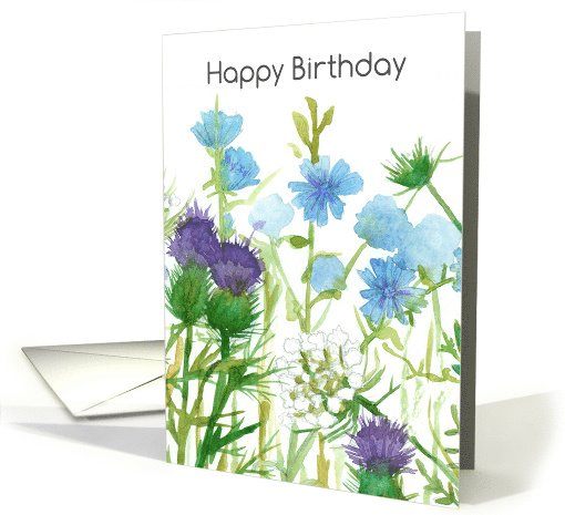 Happy Birthday Chicory Thistle Queen Anns Lace card (841355)