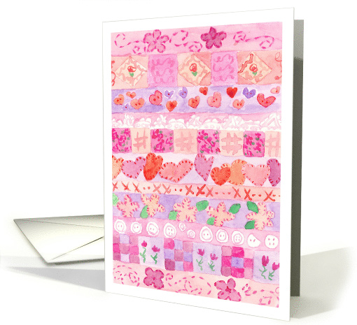 Pink Quilt Sampler Hearts Watercolor Flowers Blank card (847833)