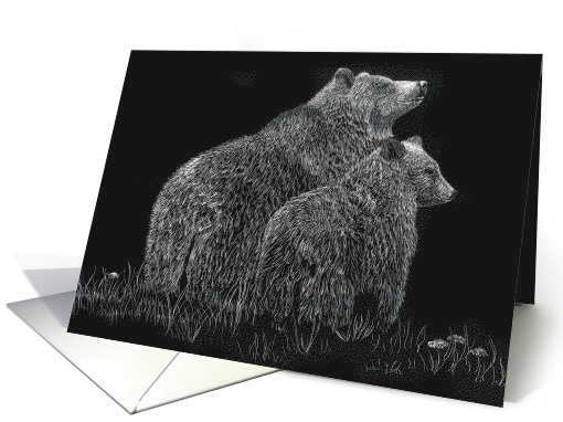 Bears Wildlife Black White Meadow Black Blank card (865655)