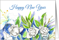 Happy New Year White Roses Lily Flower Watercolor card