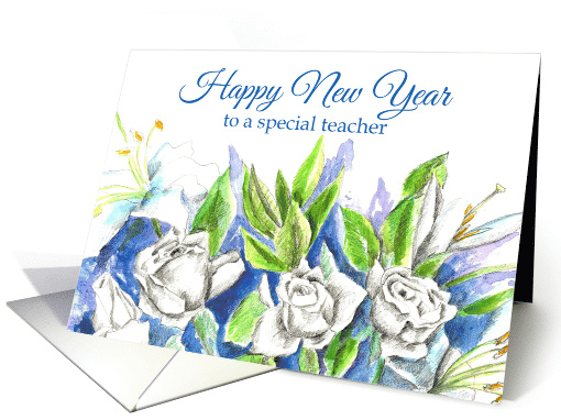 Happy New Year Teacher White Roses Watercolor card (868434)